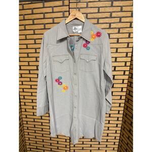 Ivy Jane Gray Floral Embroidered  Pearl Snap Button Down Dress Size XL